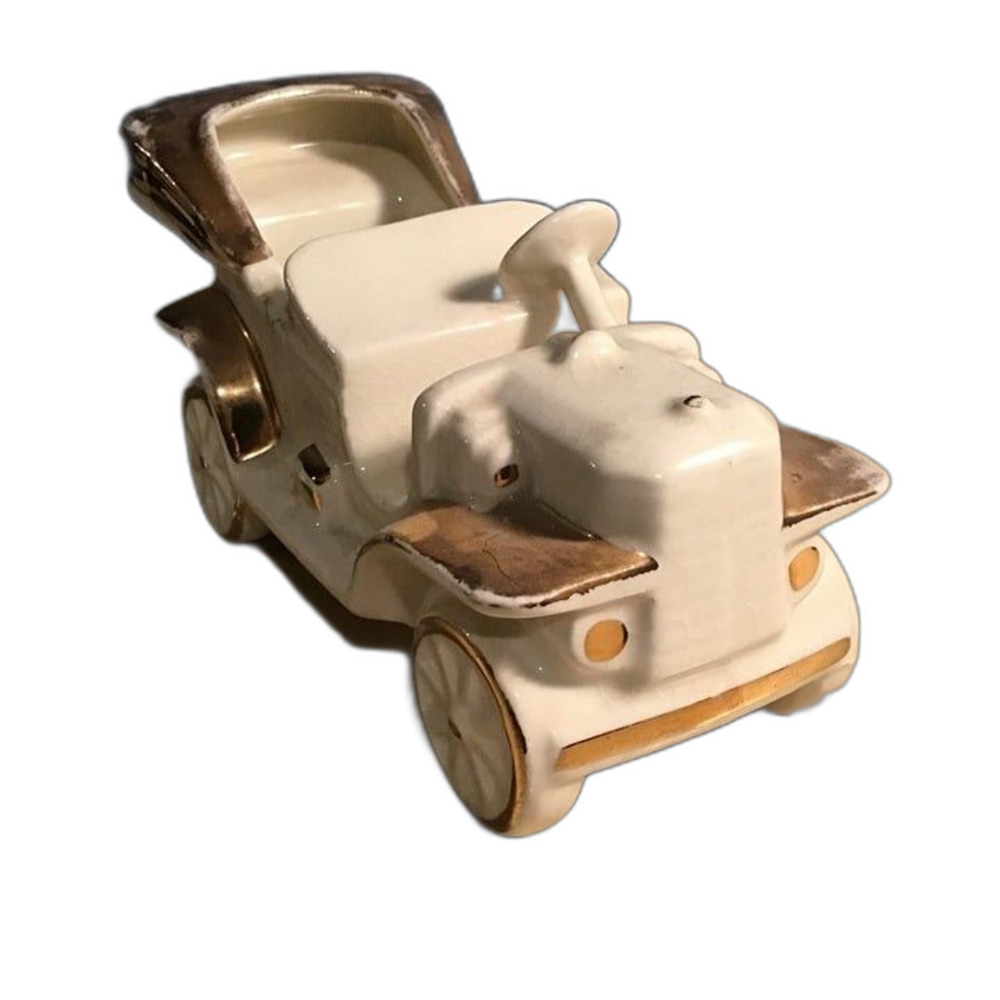 Vintage White & Gold Ceramic Ford Model T Car Planter - Antique Automobile
